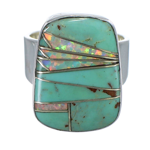 Turquoise And Opal Inlay Jewelry Southwest Silver Ring Size 4-1/2 AX83315